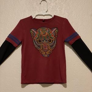 Ay Güey designer shirt; 4t; gently used; red w/ blue sleeves; Balam design